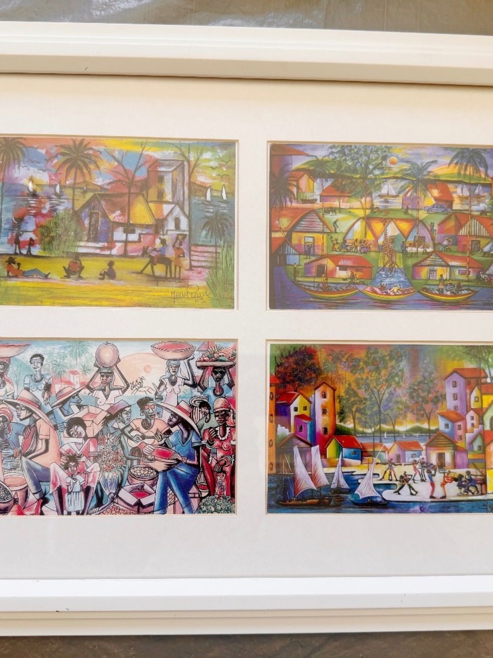Jean Paul Haitian Folk Art Jazz Band Market Scene Signed Framed Quad Wall Art